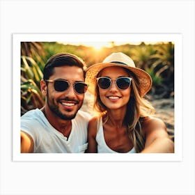 Happy Couple Taking Selfie At The Beach Art Print