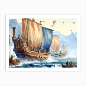 Viking Ships AI watercolor Art Print