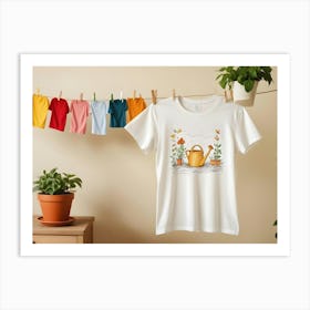 A White T Shirt With A Design Of A Watering Can And Plants In Pots Art Print