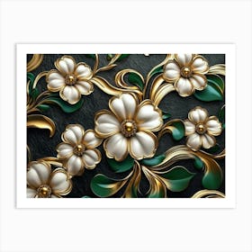 Luxury Floral Seamless With Flowers Elegant Leather Texture Illustration Background In Golden, Green, White 4 Art Print