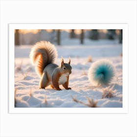 Curious Red Squirrel Standing In The Snow Looking At A Blue Pompom Art Print