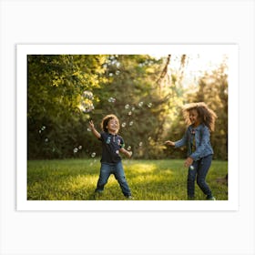 Two Children Playing With Soap Bubbles Art Print