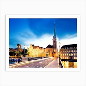 Fraumuenster Church, Muenster Bridge At Dusk Art Print