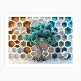 Oak And White Lattice Form The Backdrop For A Turquoise Tree Amid Colorful, Dynamic Hexagons Art Print