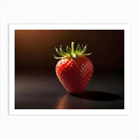 A Strawberry With Green Leaves, Illuminated By A Strong Light Source, Casting A Shadow On A Dark Surface Art Print