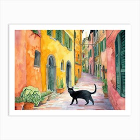 Black Cat In Modena, Italy, Street Art Watercolour Painting 1 Art Print