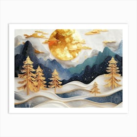 3d Modern Art Landscape Moon, Golden Christmas Trees, Colorful Mountains 1 Art Print