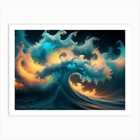 A Powerful Ocean Wave Crashes Dramatically, Illuminated By Warm, Golden Light Against A Dark Background Art Print