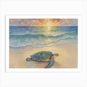 This is vibrant colored, beautiful watercolor style painting of a turtle relaxing near the water, with a majestic sea at sunset in the background Art Print