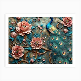 3D Peacock and Flowers Pattern Abstraction Art Print