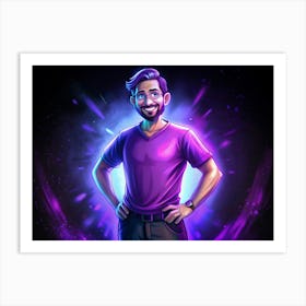 Man In A Purple T Shirt With A Smiling Face And A Black Background Art Print