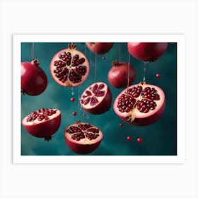 Pomegranate Halves Strung Up And Dripping Juice Against A Blue Background Art Print