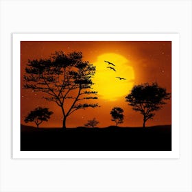 Sunset With Birds Digital Art Landscape Trees Artwork Art Print