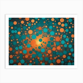 Abstract Background With A Cluster Of Colorful Bokeh Circles In Blue And Orange Against A Dark Teal Background, Creating A Festive And Glowing Effect Art Print