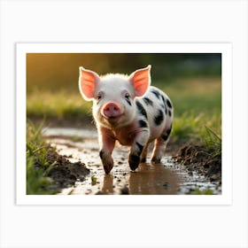 Cute Pig Walking In Puddle Art Print