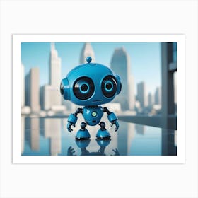 A Small, Blue Robot Stands On A Platform In Front Of A Blurred City Art Print