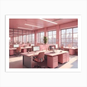 Modern Office Interior With All Pink Furniture And Walls, Flooded With Natural Light From Large Windows Art Print