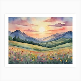 Default A Painting Of A Sunset Over A Field Of Flowers And Mou 1 1 Art Print