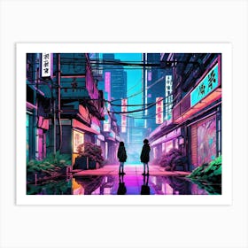 Two People Walking In A Neon City Art Print