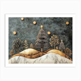 3d Modern Flat Jungle, Forest Christmas Tree, Marble Golden Mountain Art Print