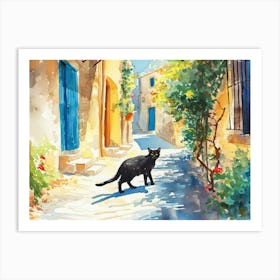 Paphos, Cyprus   Cat In Street Art Watercolour Painting 2 Art Print