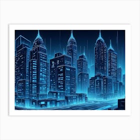 An Illustration Of A Futuristic Cityscape With Tall Buildings Rendered In Blue Lines 1 Art Print