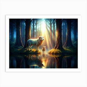 A Sheep And A Lamb Standing By A Lake With A Bright Light Shining Through Trees Art Print