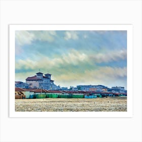 Coastal Serenity in Viareggio. A tranquil view of Viareggio's beach area, featuring iconic seaside structures and vibrant beach cabins, under a dramatic sky. The soft pastel tones of the scene reflect the relaxed charm of Versilia's coastline. Art Print