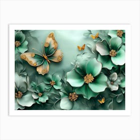 3d Art Abstract Floral Background with Green Flowers and Golden Butterfly Art Print