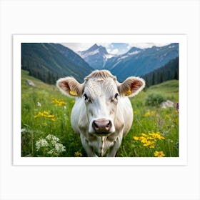 A Closeup On A Pure White Cow Ambling Leisurely In A Verdant Alpine Meadow The Beast Exuding Pure C (2) Art Print