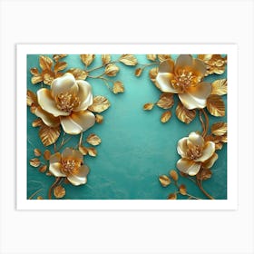 The Classic Background Is Design with Turquoise Shapes and Golden Branched Flowers in 3D Art Print