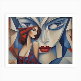 Woman In Blue And Red Art Print