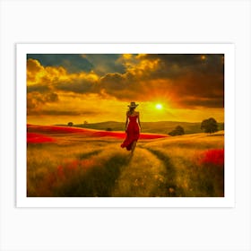 Sunset Woman In Red Dress Art Print