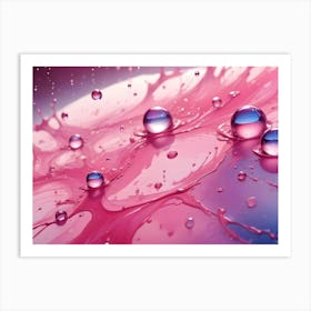 A Macro Photograph Of Water Droplets On A Pink Surface With A Splash Effect Art Print