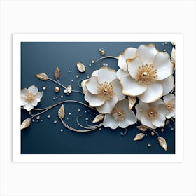 3d White and Blue Background with Golden Jewelry and Flowers Art Print