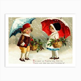 Two Little Girls Meet On Snow, Christmas Greeting Art Print