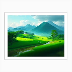 Rice Fields and Mountains: A Celebration of Greenery and Life Art Print