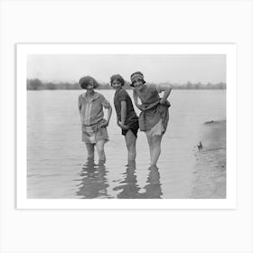 Three Girls In Wading in Water Vintage Black and White Photo Art Print