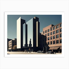 A Modern Urban Scene With A Towering Glass Building On A Street Lined With Brick Buildings Art Print