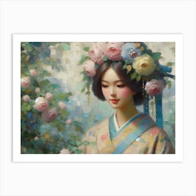 Chinese Woman With Roses Art Print