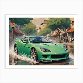 Green Sports Car Driving Down The Street Art Print