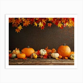 Autumn Themed Table Decoration Scattered Maple Leaves In Warm Shades Intermixed With Small Pumpkin (1) Art Print