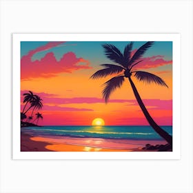 A Tranquil Beach At Sunset Horizontal Illustration 63 Art Print