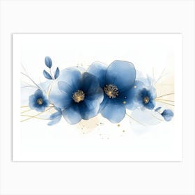 Elegant Abstract Blue Flowers With Golden Line 2 Art Print