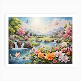 Waterfall With Butterflies And Flowers Art Print