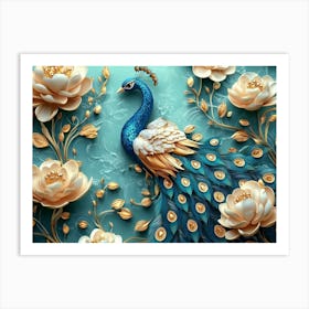 3d Peacock Illustration Background with Golden Jewelry and Flowers 2 Art Print