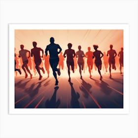 Silhouettes Of A Group Of Runners Against A Bright Orange Background Art Print