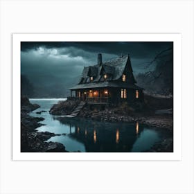 An Old House In The Middle Of A Pond At Night Art Print