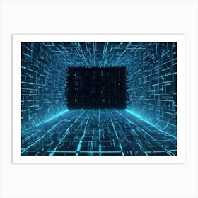 A Dark Tunnel With Blue, Glowing Lines Forming A Grid Like Pattern On The Walls Art Print