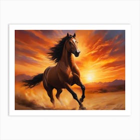 Beautiful Grown Brown Wild Mustang Running In Sand At A Sun Dawn - Color Painting Art Print